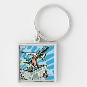 Businessman with newspaper and airplane above keychain