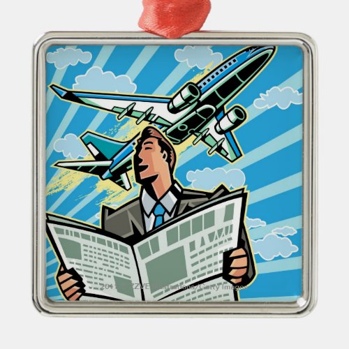 Businessman with newspaper and airplane above metal ornament