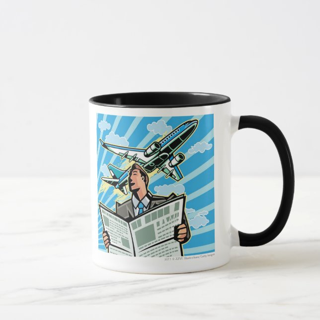 Businessman with newspaper and airplane above mug (Right)