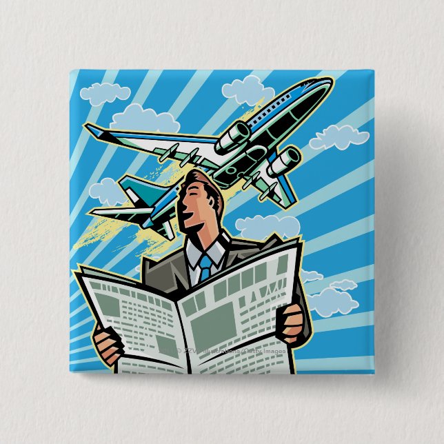 Businessman with newspaper and airplane above pinback button (Front)