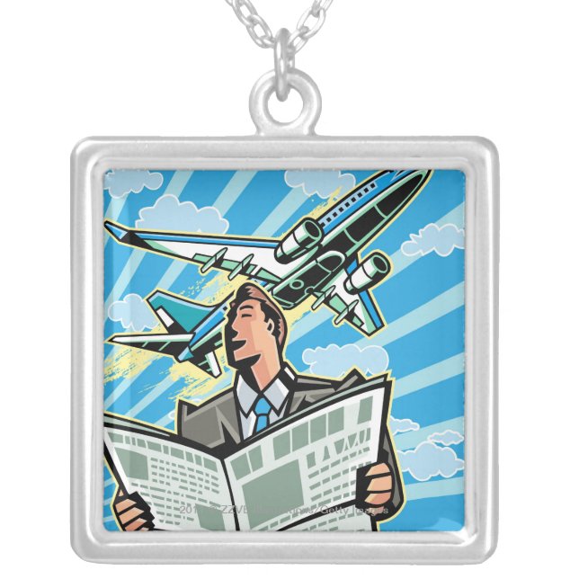 Businessman with newspaper and airplane above silver plated necklace (Front)