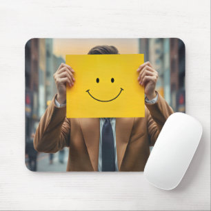 Businessman With Yellow Smile Face Sign Mouse Pad