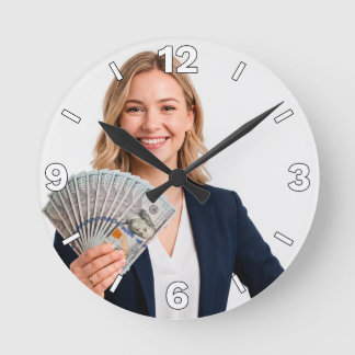 Businesswoman Holding Cash Money Financial Success Round Clock
