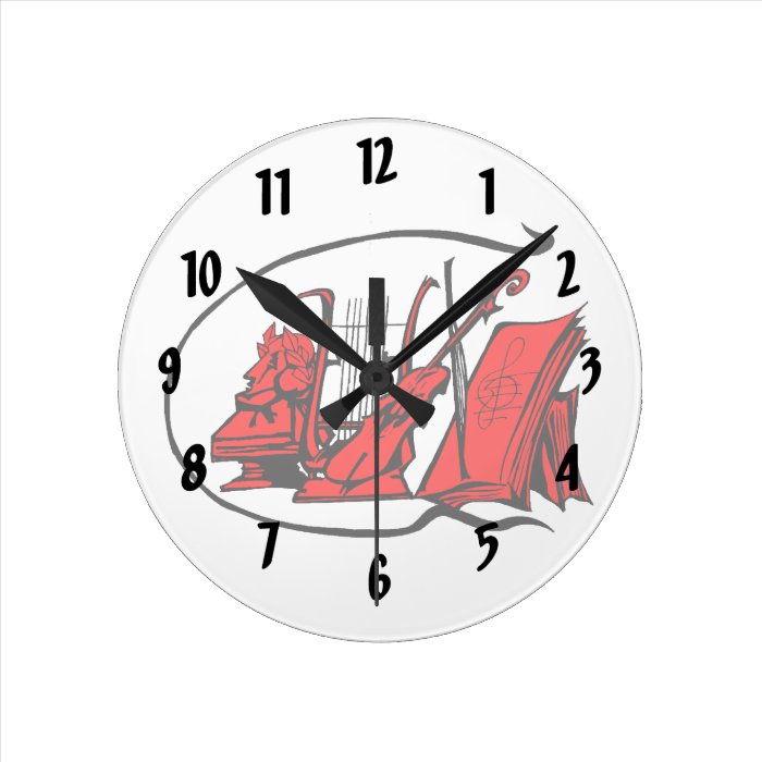 bust red lyre violin sheet music design.png wall clocks