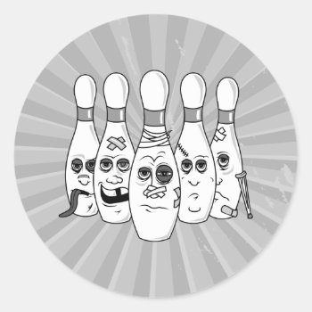 Busted Up Bowling Pins Greys Classic Round Sticker by sports_shop at Zazzle