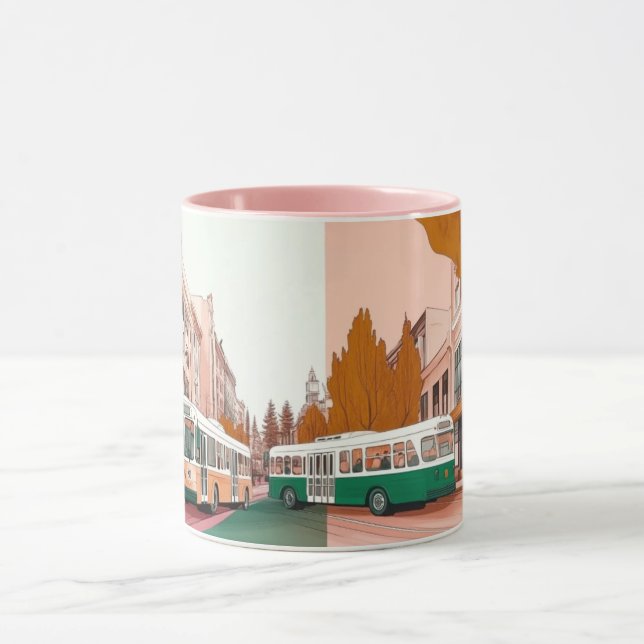 bustling city street with buses and buildings mug (Center)