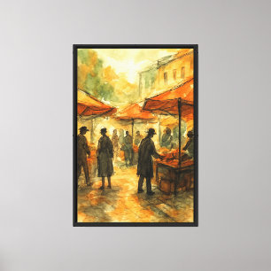 Bustling Street Market in Watercolor & Charcoal Canvas Print