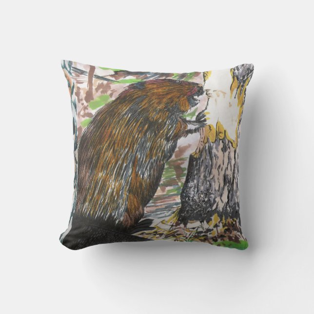 Busy Beaver Throw Pillow (Front)