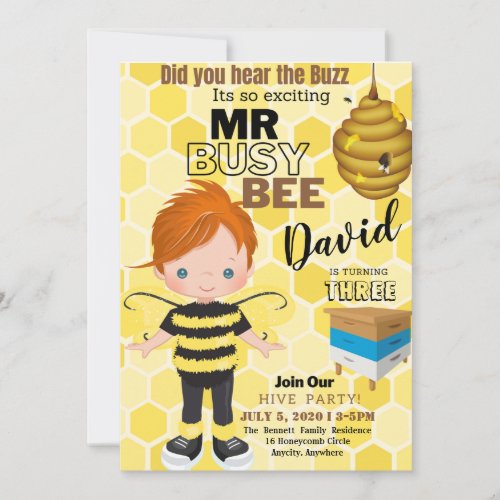 Busy Bee 3 Birthday Invitation Card