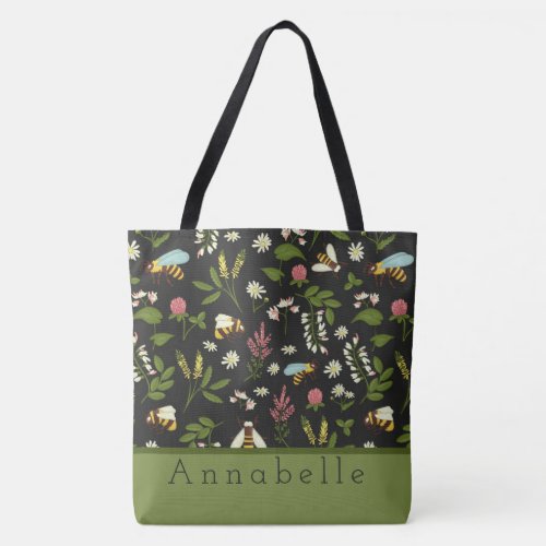 Busy Bee and Flowers Personalize Tote Bag