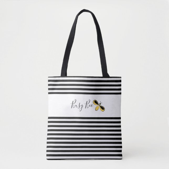 Busy Bee, Black and White Stripes Shoulder Tote (Front)