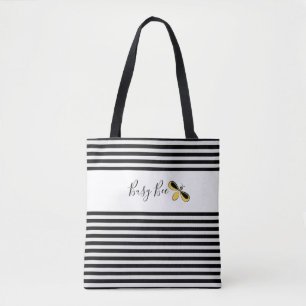 Busy Bee, Black and White Stripes Shoulder Tote Bag