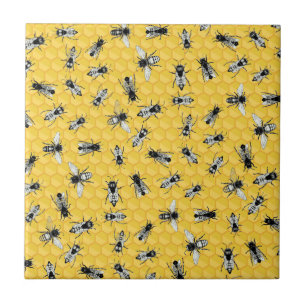 Busy Bee Colony and Honeycomb Gold Ceramic Tile