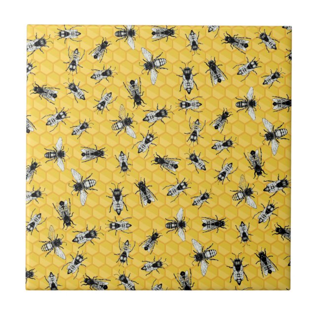 Busy Bee Colony and Honeycomb Gold Ceramic Tile (Front)