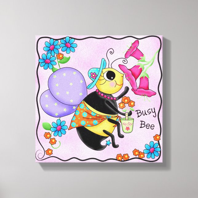 Busy Bee Dressed Whimsy Honey Bee Pink Art Canvas Print (Front)