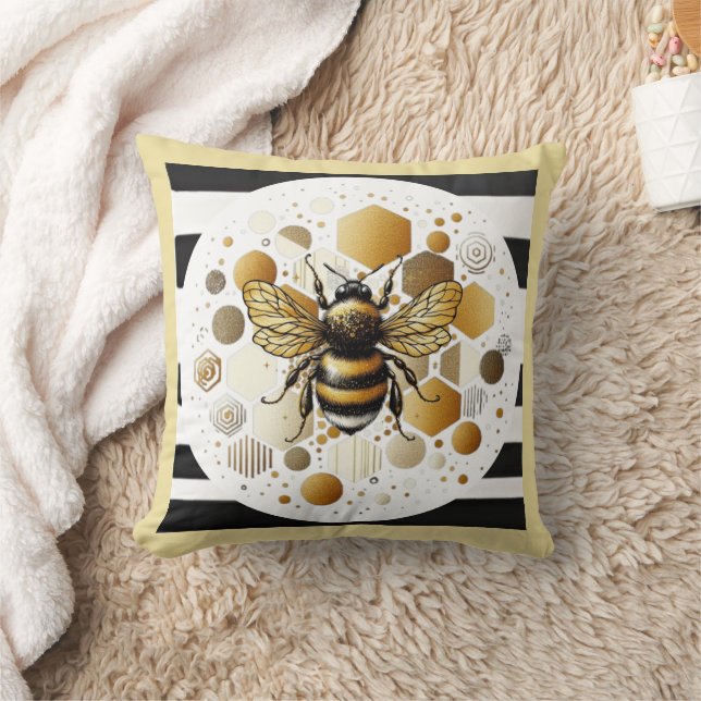 Busy Bee on Honeycomb: Hexagons and Circles Throw Pillow (Blanket)
