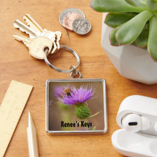 Busy Bee On Purple Thistle Photograph Custom Keychain