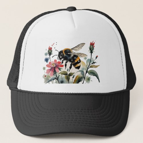 Busy Bee Pollinating Pink Flowers Trucker Hat