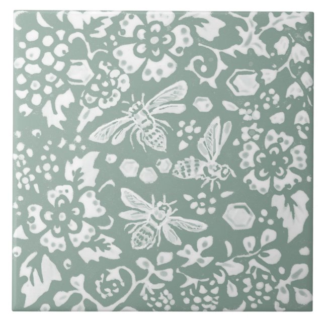 Busy Bee Sage Green Honeycomb Flower Garden Design Ceramic Tile (Front)