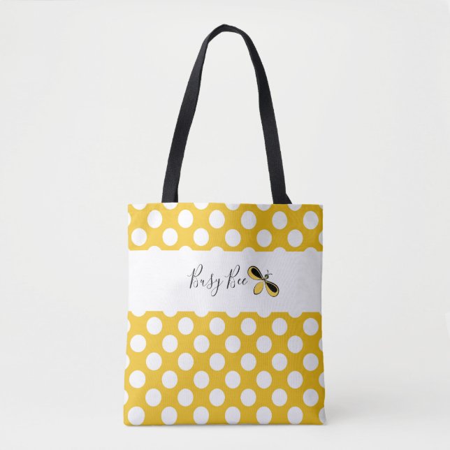 Busy Bee, White Polka Dots Shoulder Tote Bag (Front)
