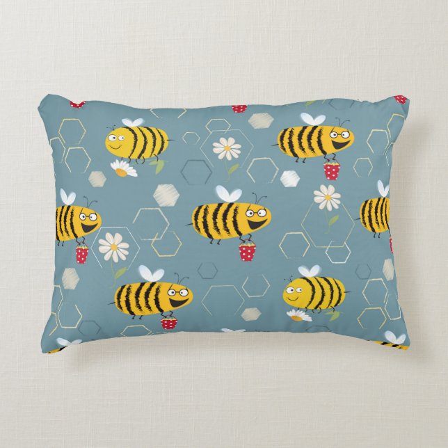 Busy bees buzzing around & pollinating flowers accent pillow (Front)