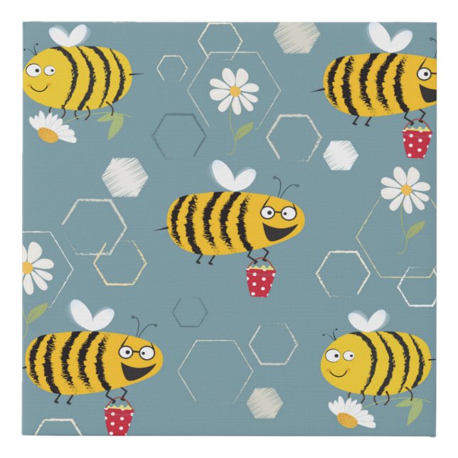 Busy bees buzzing around & pollinating flowers faux canvas print (Front)
