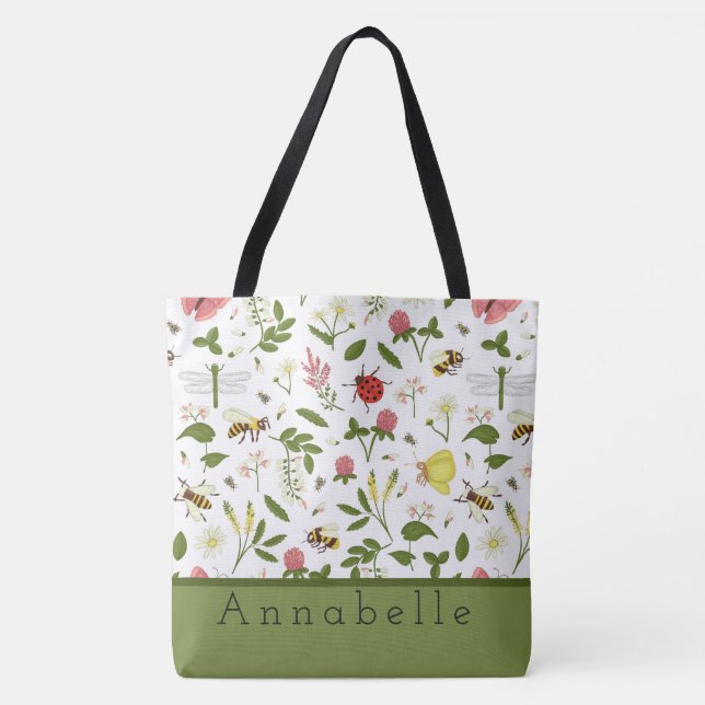 Busy Bees Ladybugs and Butterflies Personalize Tote Bag (Front)