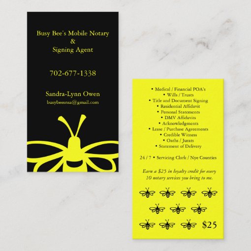 Busy Bee's Mobile Notary Loyalty Card Zazzle