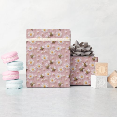 Busy Bees Pink and Floral Pattern Wrapping Paper