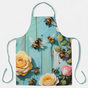 Busy Bees with Pink and Yellow Roses on Old Fence Apron