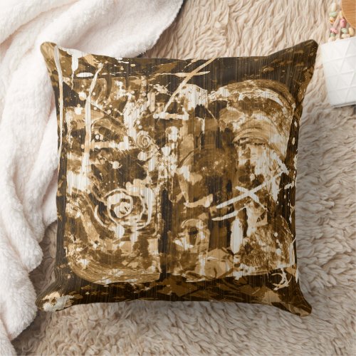 Busy Brown Tan Modern Abstract Brush Stroke Throw Pillow