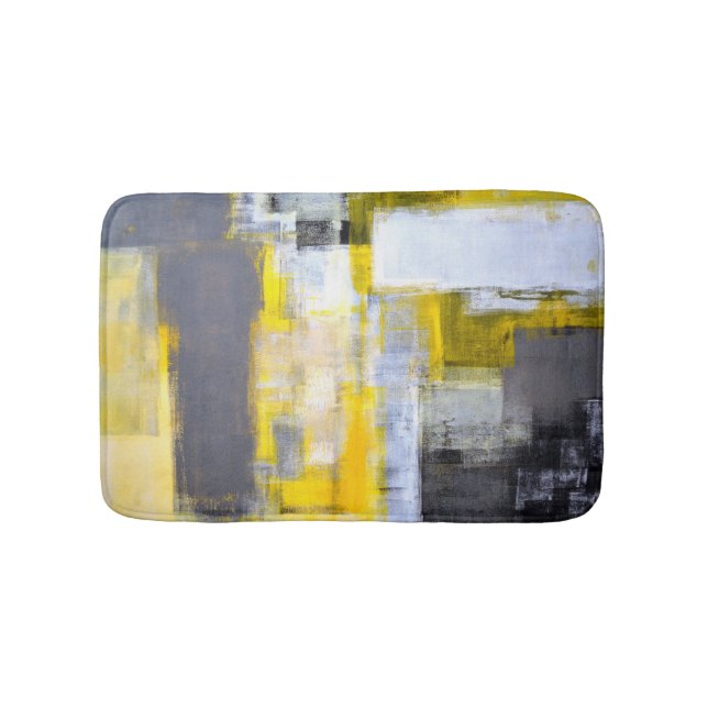 'Busy, Busy' Grey and Yellow Abstract Art Bathroom Mat (Front)
