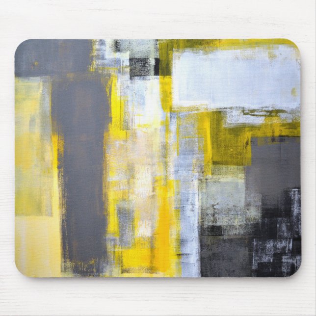 'Busy, Busy' Grey and Yellow Abstract Art Mouse Pad (Front)