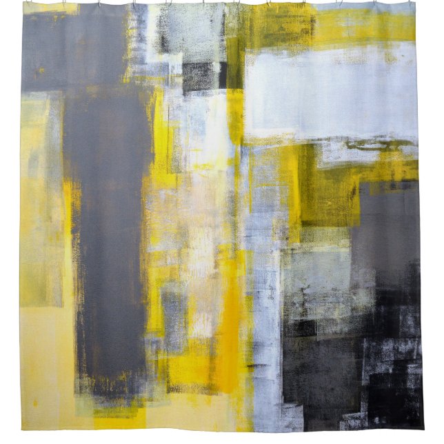 'Busy, Busy' Grey and Yellow Abstract Art Shower Curtain (Front)