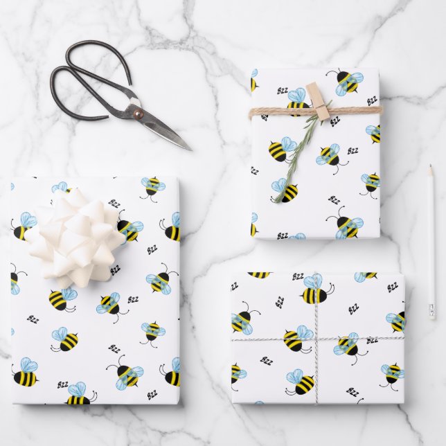Busy Buzzing Bees Cute Garden Bug Print Wrapping Paper Sheets (Front)