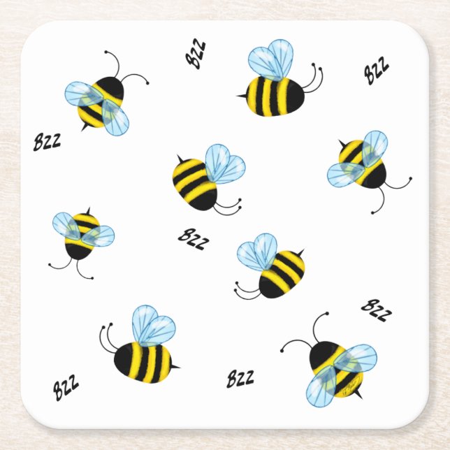 Busy Buzzing Bees Cute Honeybee Square Paper Coaster (Front)