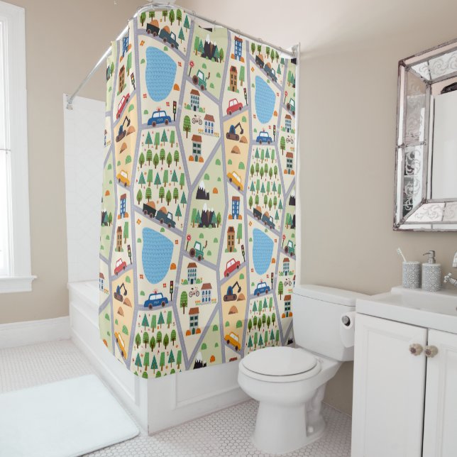 Busy City Roads Kids' Bath Shower Curtain (In Situ)