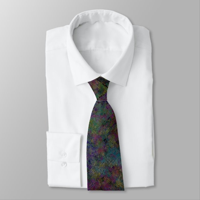 Busy Dark Multi Coloured Mosaic Tile Pattern Neck Tie (Tied)