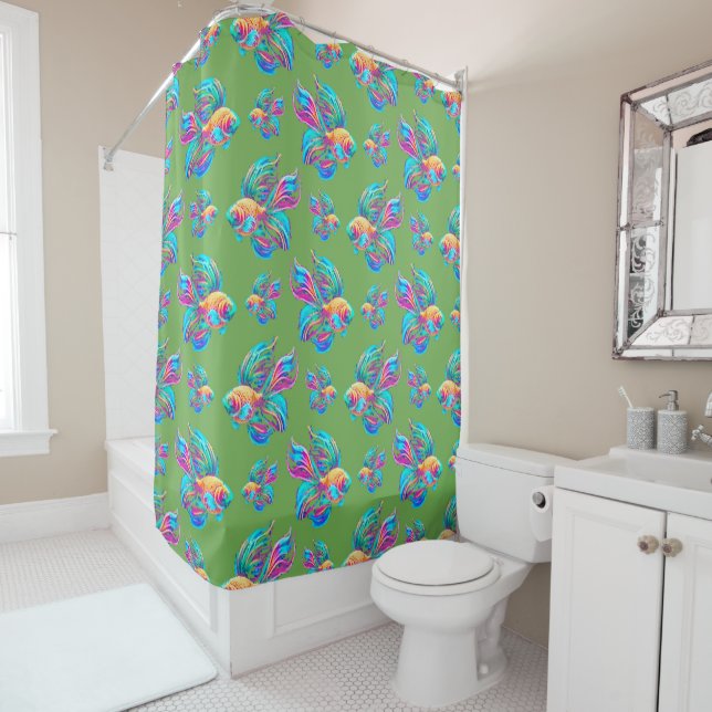 Busy Fishes Green Shower Curtain (In Situ)