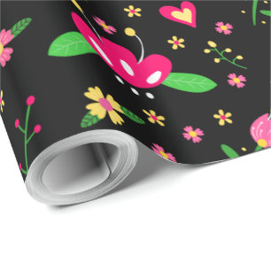 Busy Floral Pattern on Black Wrapping Paper