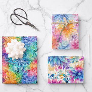 Busy Floral Tie Dye pattern set 6 Wrapping Paper Sheets