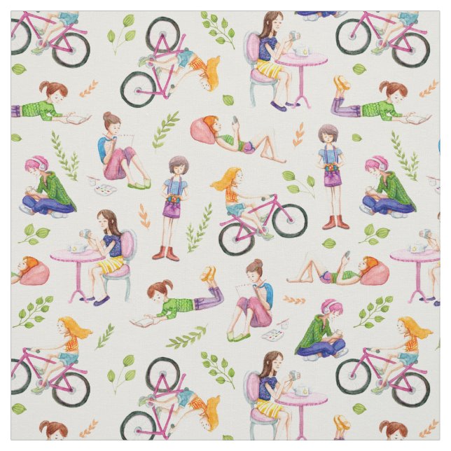 Busy Girls Watercolor Pattern Fabric (Swatch)