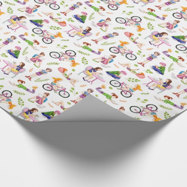 Busy Girls Watercolor Pattern Wrapping Paper (Corner)