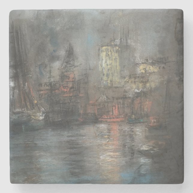 Busy Harbor (by Glenn Cooper Henshaw) Stone Coaster (Front)