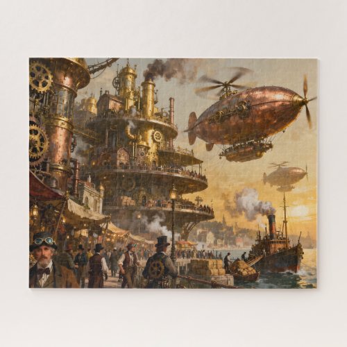 Busy Harbor in Steampunk City Jigsaw Puzzle