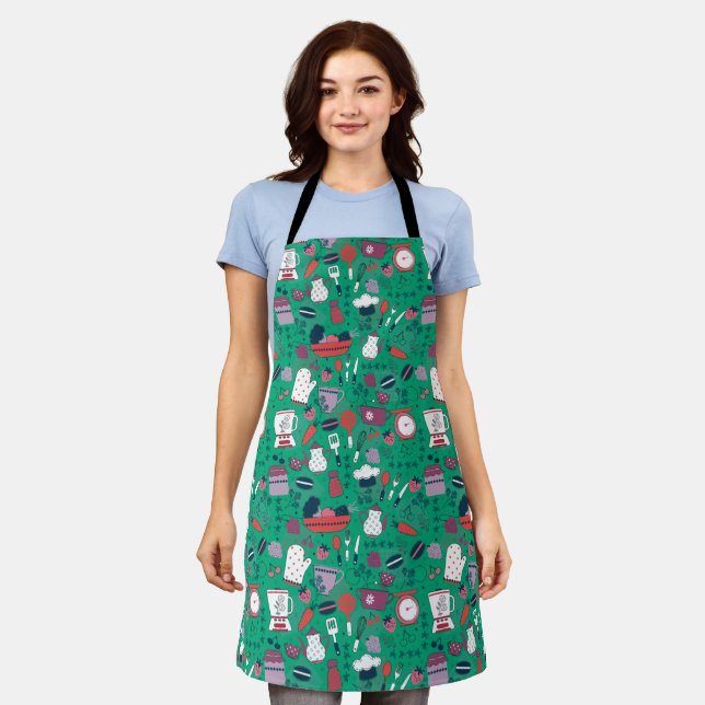 Busy Kitchen Utensils Pot Baking Bakery Pattern Apron (Worn)