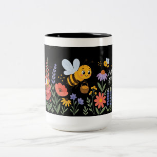Busy Little Bee in a Blooming Garden Two-Tone Coffee Mug