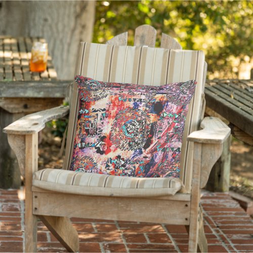 Busy Modern Tribal Abstract Floral Bright Colours Outdoor Pillow