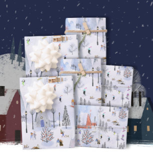 Busy Mountain Ski Village Wrapping Paper Sheets