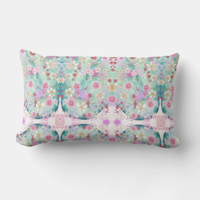 Busy Print Hearts Flowers Pastel Romantic Cushion (Front)